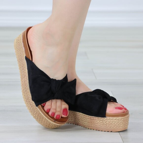 Suede Black Bow Comfort Platform Sandal Slip On Sliders - Picture 8 of 12